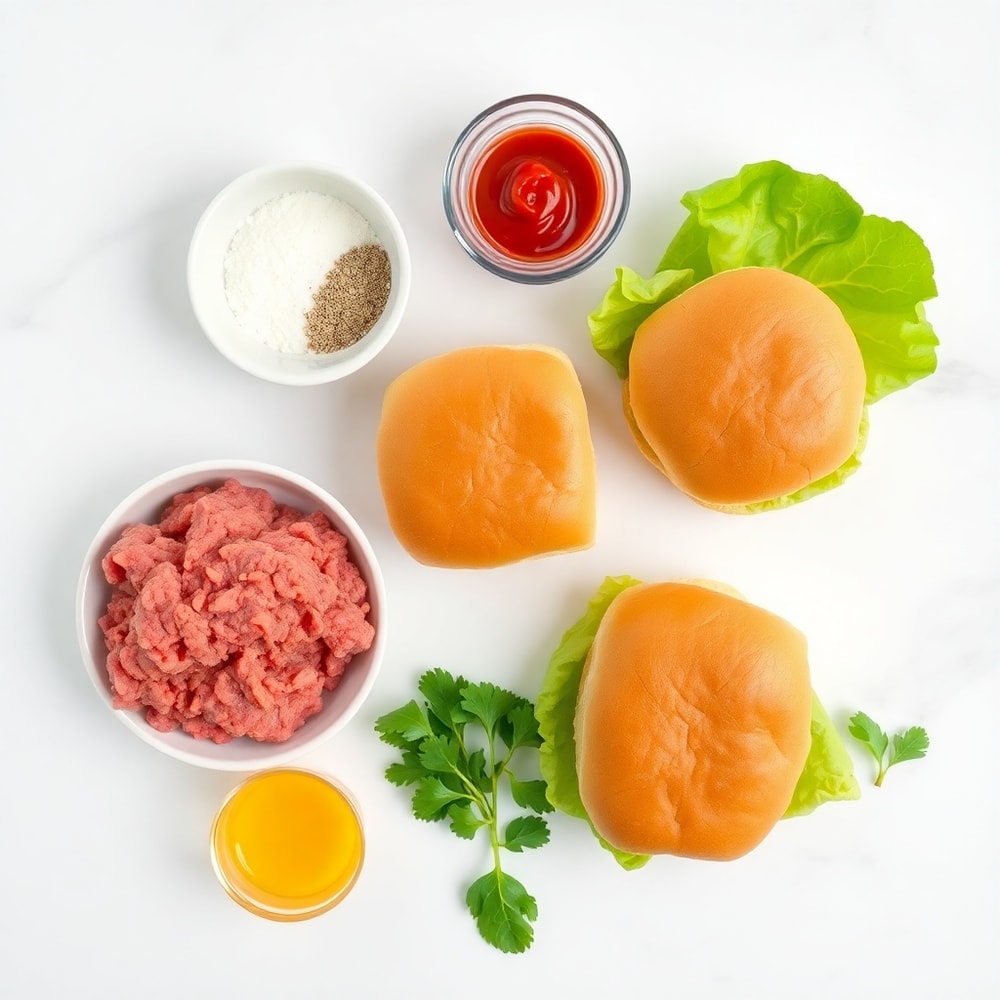 Raw ingredients for Mini Beef Cheeseburger Sliders on a marble surface