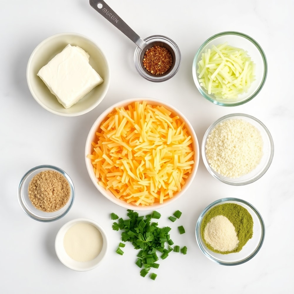 Raw ingredients for Mini Cheeseball Bites arranged on a white marble surface