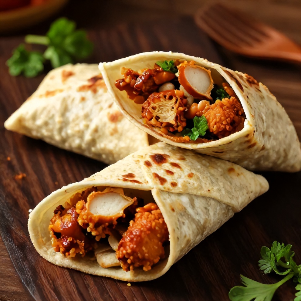 One perfect plated serving of Crispy Mini Chicken Wraps on a dark wooden surface, garnished with fresh herbs