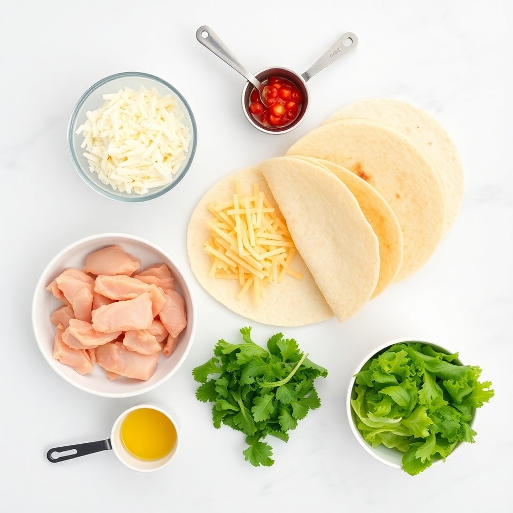 Overhead flat lay of raw ingredients including chicken, tortillas, cheese, lettuce, and tomatoes with prep bowls and measuring spoons