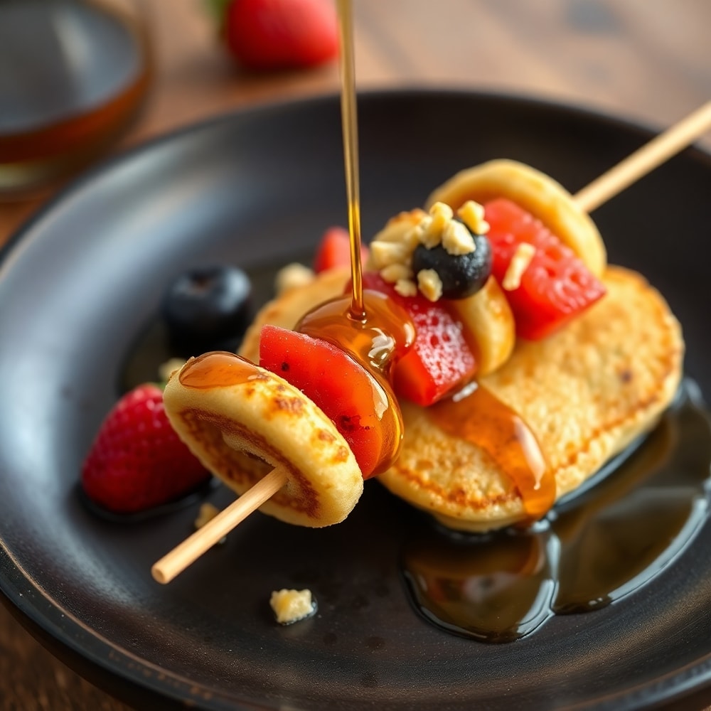 Plated Mini Pancake Kebabs with maple syrup