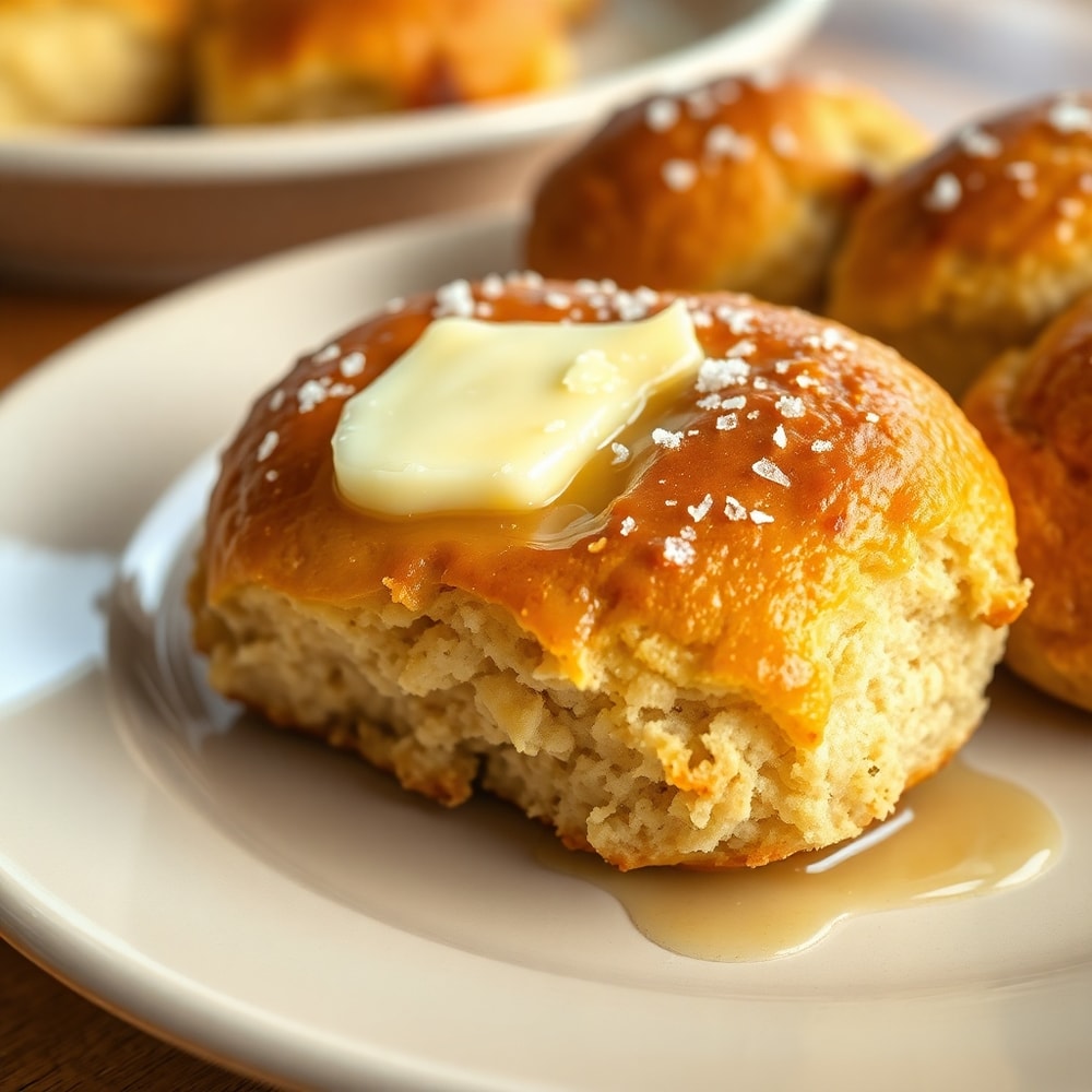 Plated oatmeal molasses rolls with melted butter