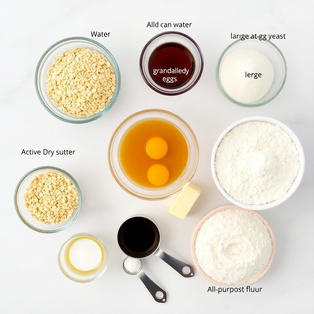 Raw ingredients for oatmeal molasses rolls including oats, molasses, and yeast
