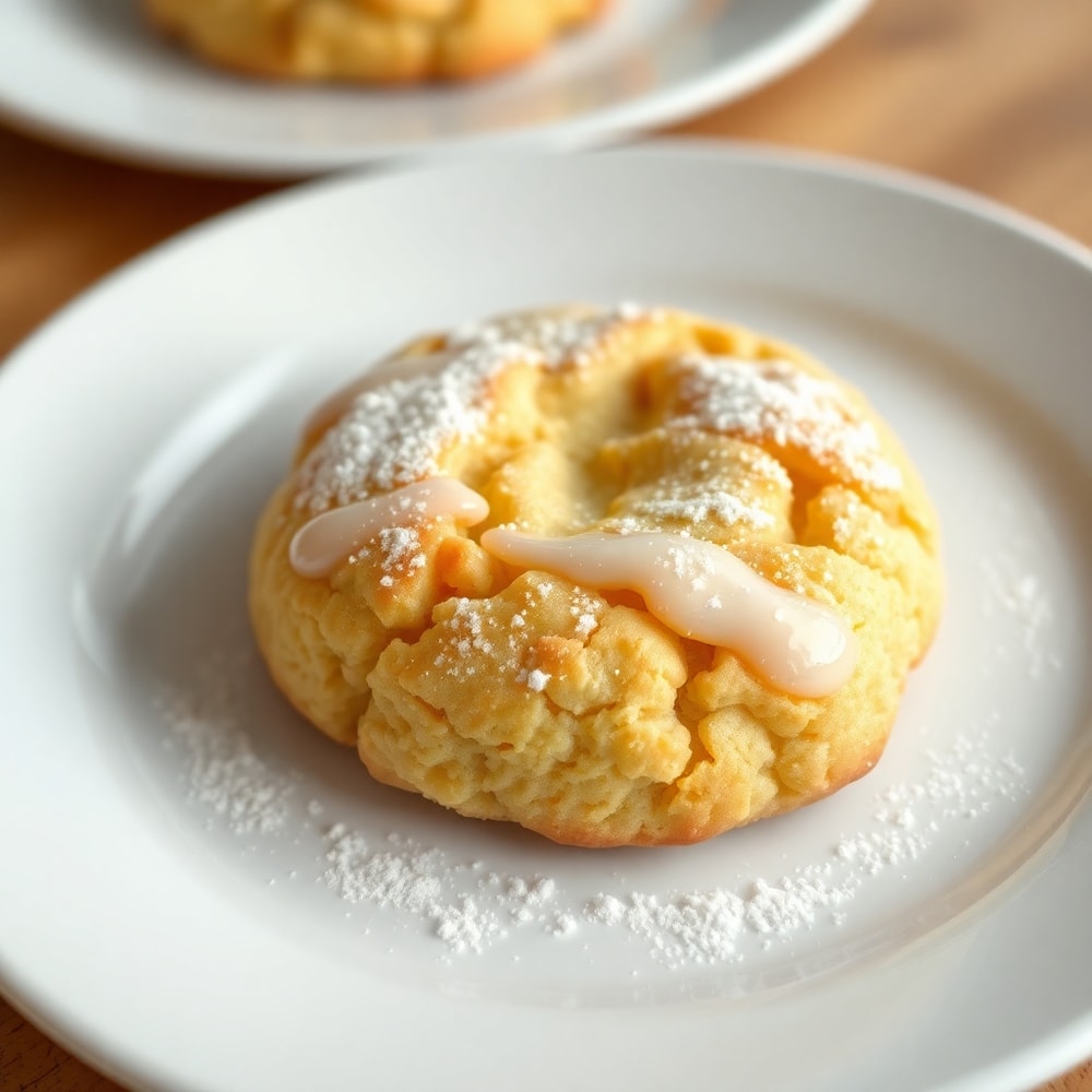 Orange Scone Cookie on a white plate with powdered sugar