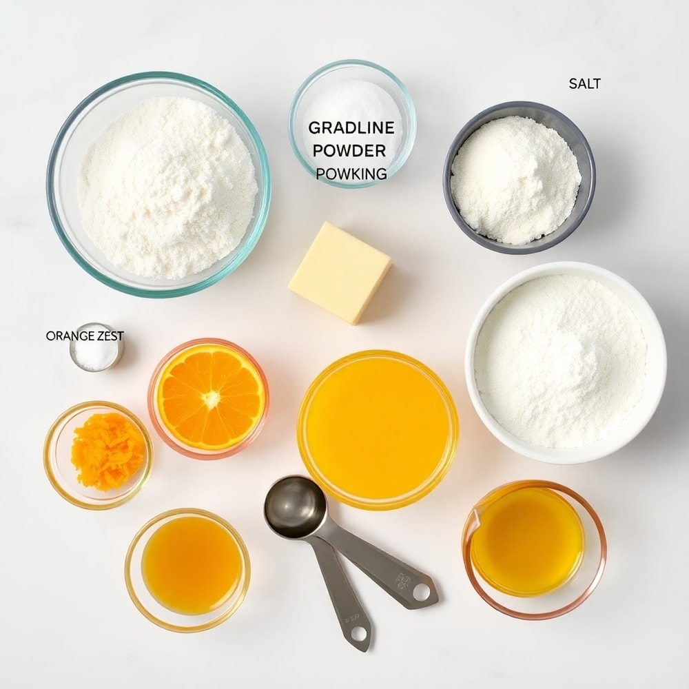 Raw ingredients for Orange Scone Cookies on a white marble surface