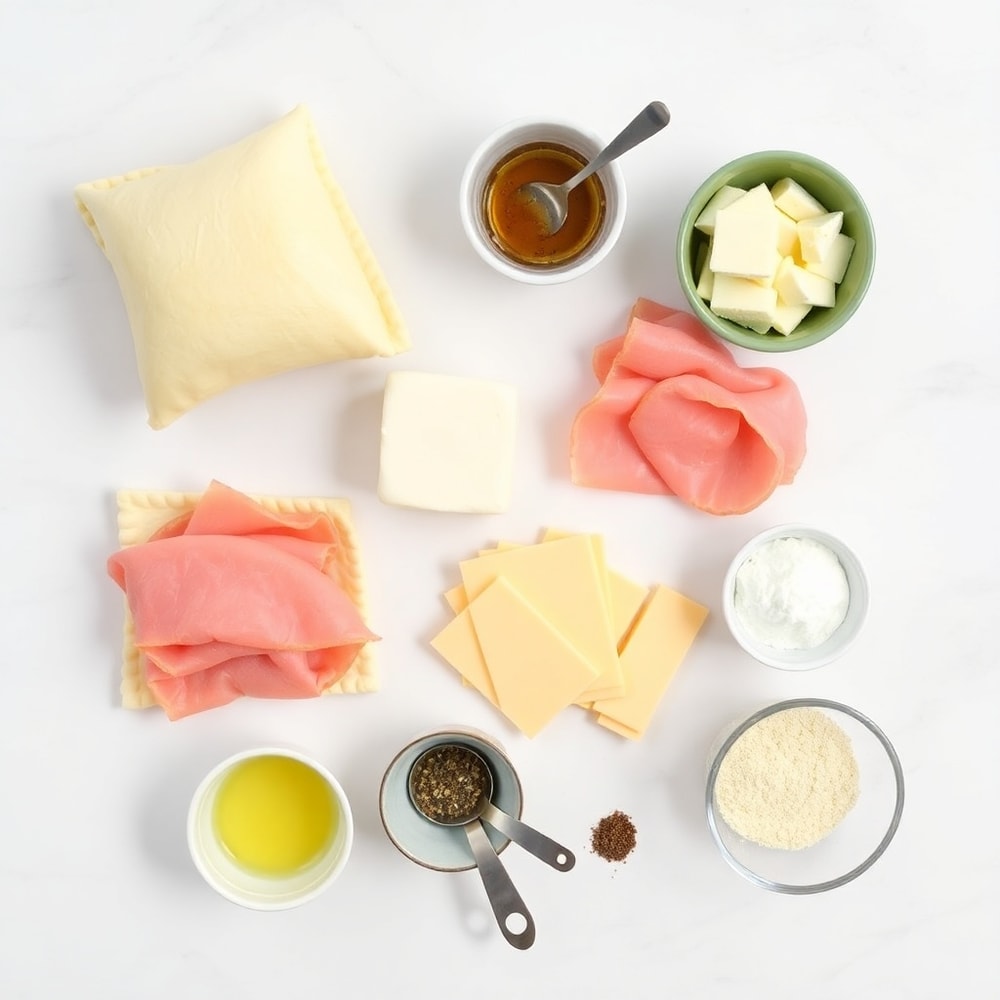 Raw ingredients for Crispy Pinwheel Sandwiches on a marble surface