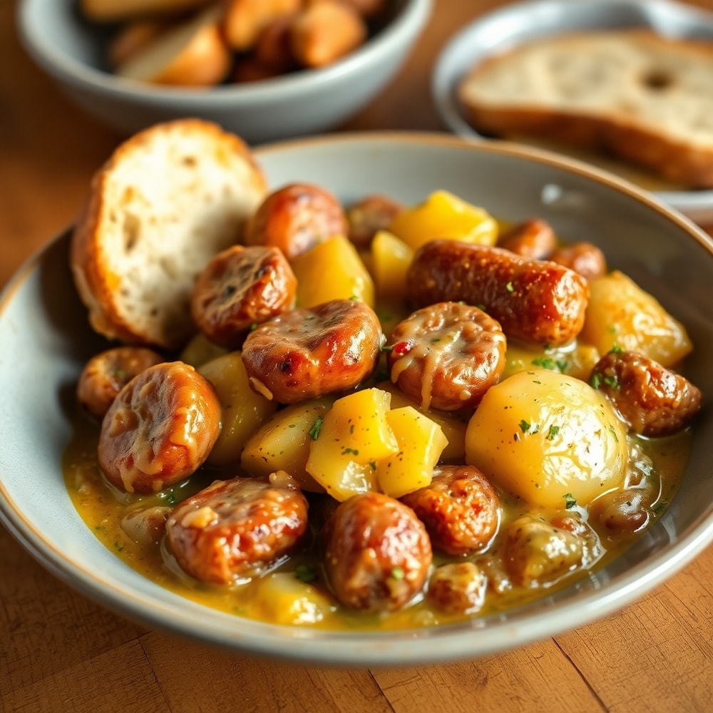 Plated Polish sausage and potato skillet with a side of crusty bread