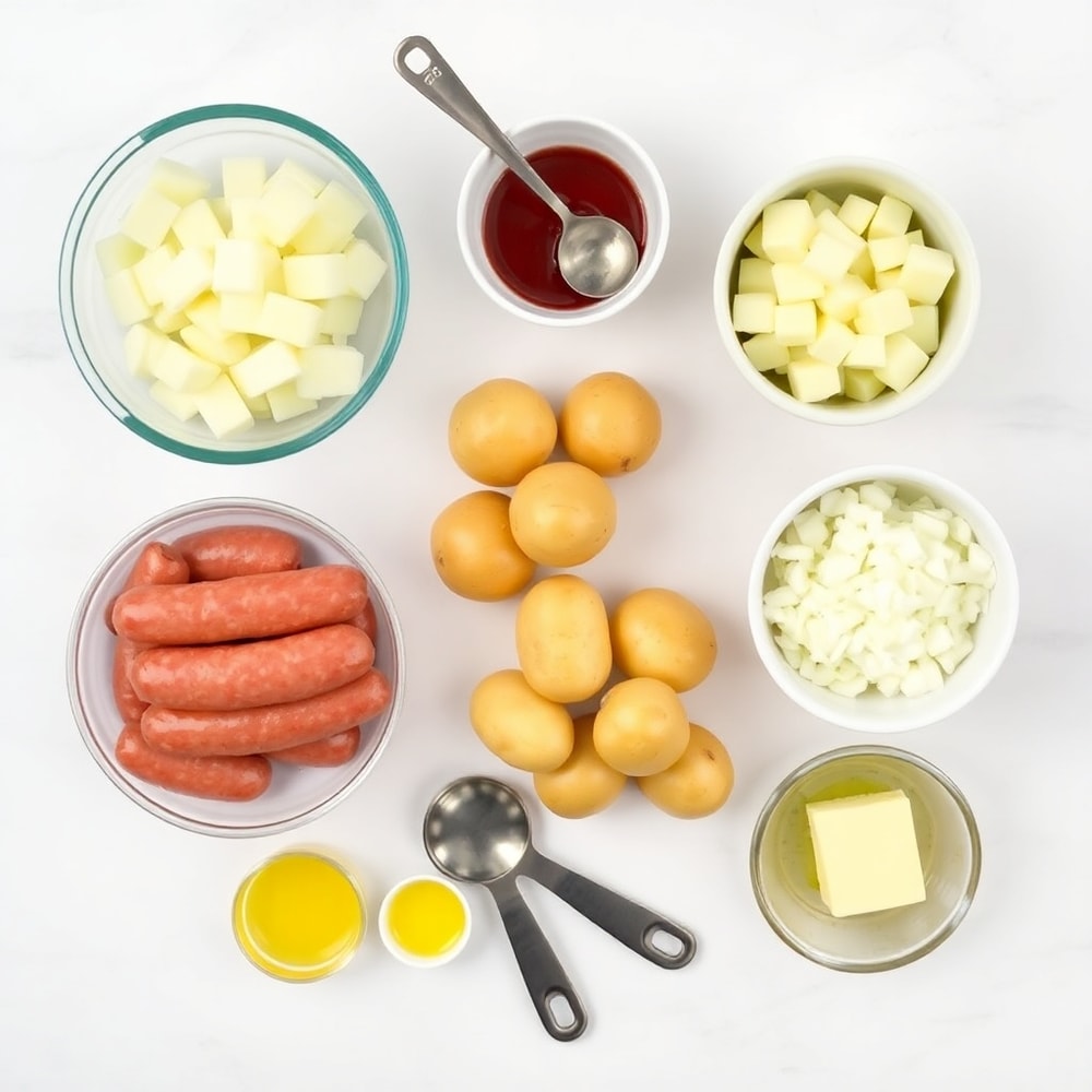 Raw ingredients for Polish sausage and potato skillet: Polish sausage, potatoes, onions, garlic, butter, heavy cream, salt, pepper, paprika