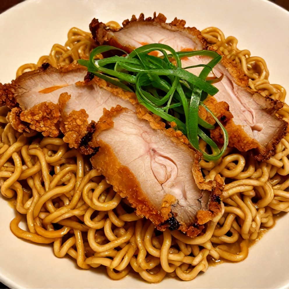 Crispy Pork Ramen plated with crispy pork belly and green onions