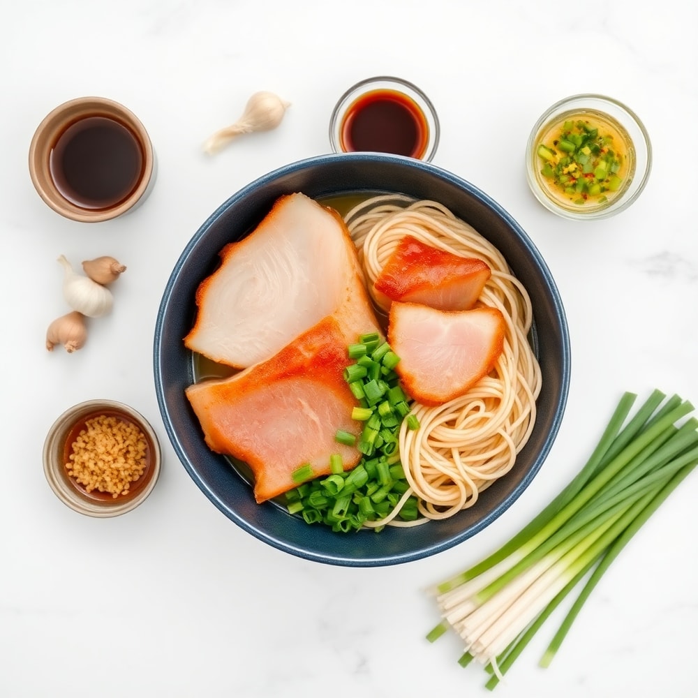 Ingredients for Crispy Pork Ramen: pork belly, garlic, ginger, soy sauce, mirin, ramen noodles, green onions