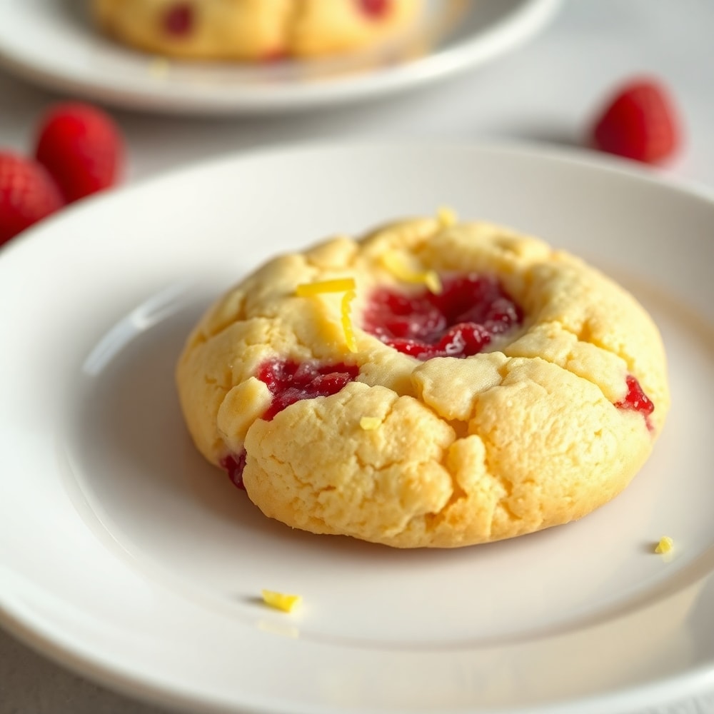 Raspberry lemon cookie on a white plate with a lemon slice garnish