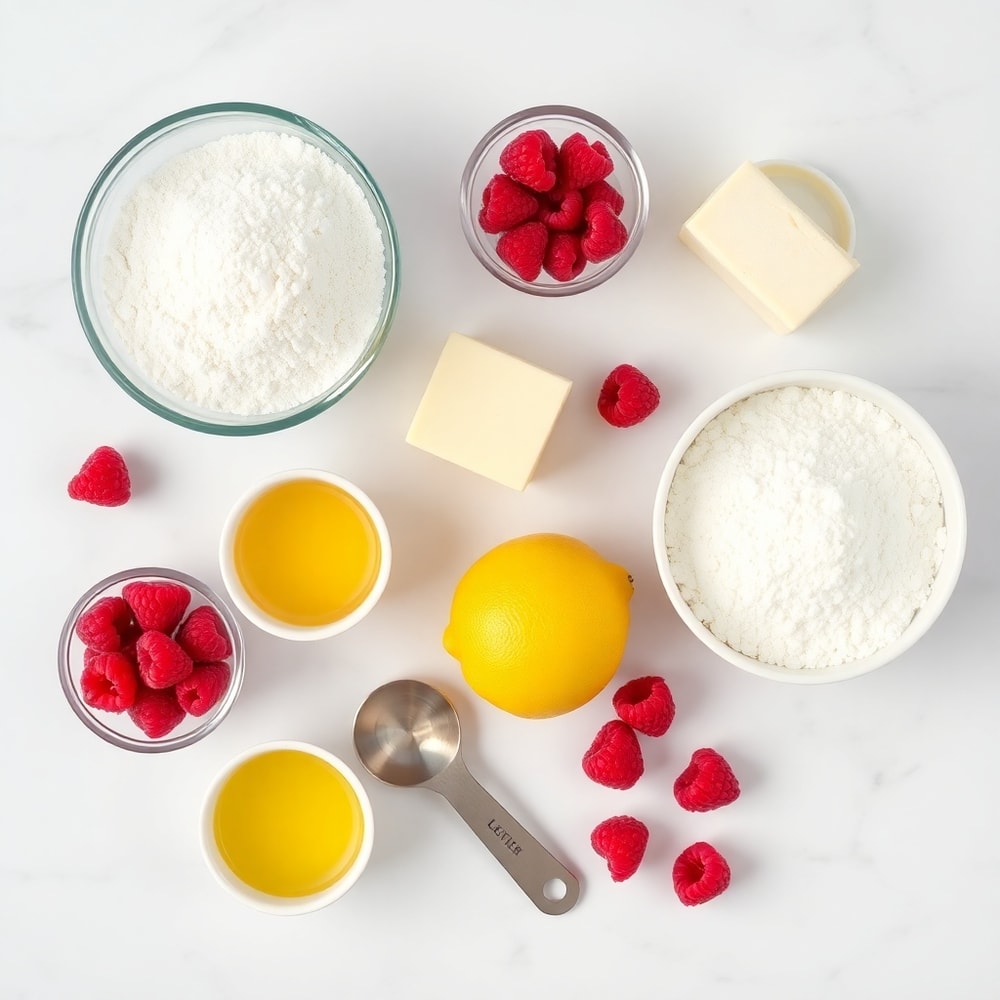 Raspberry, lemon, flour, sugar, butter, and eggs arranged on a white marble surface