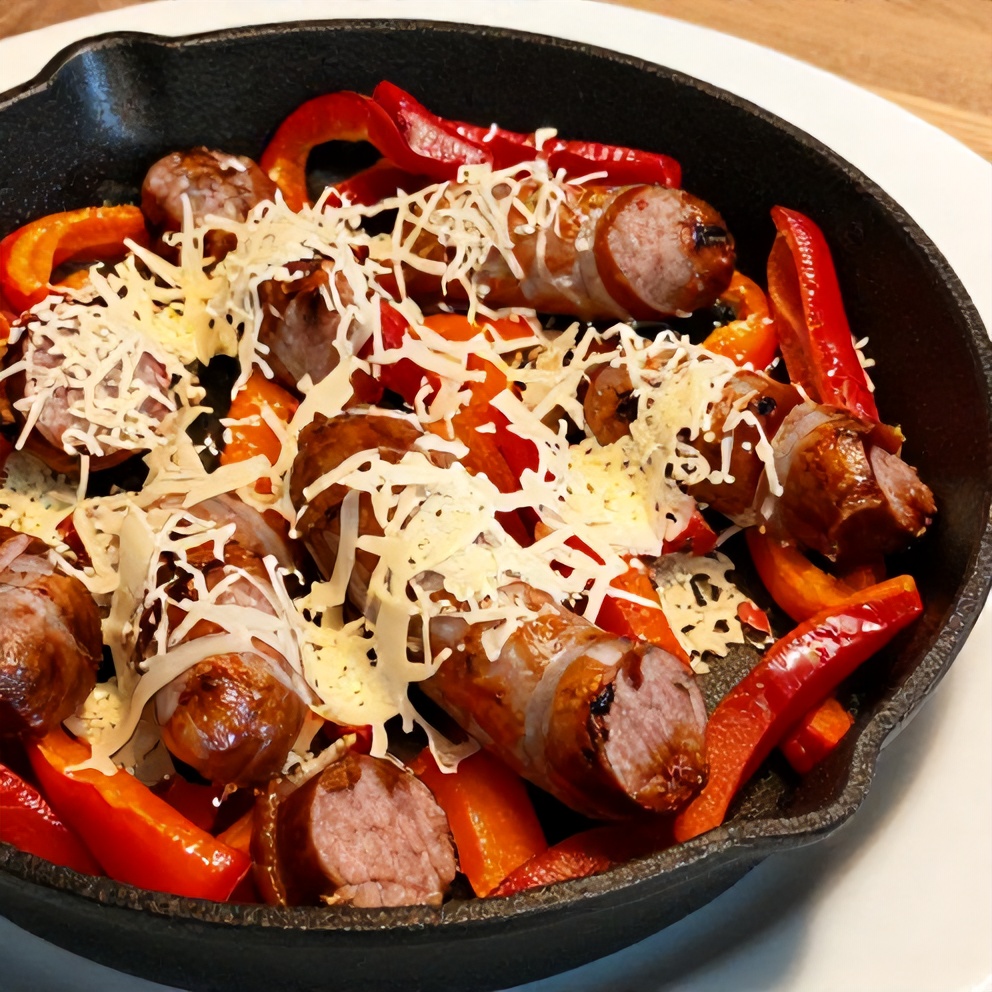 Plated Sausage and Peppers Skillet with grated Parmesan