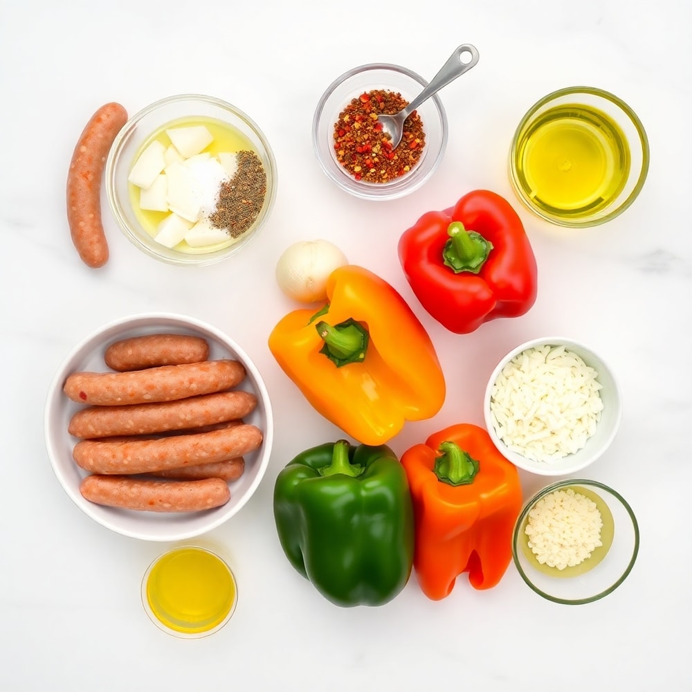 Raw ingredients for Sausage and Peppers Skillet on a white marble surface
