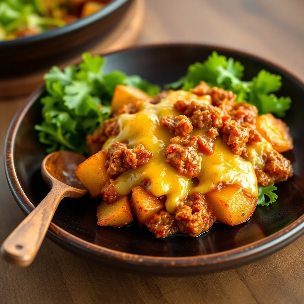 Crispy Sloppy Joe Potato Skillet plated with a side of green salad