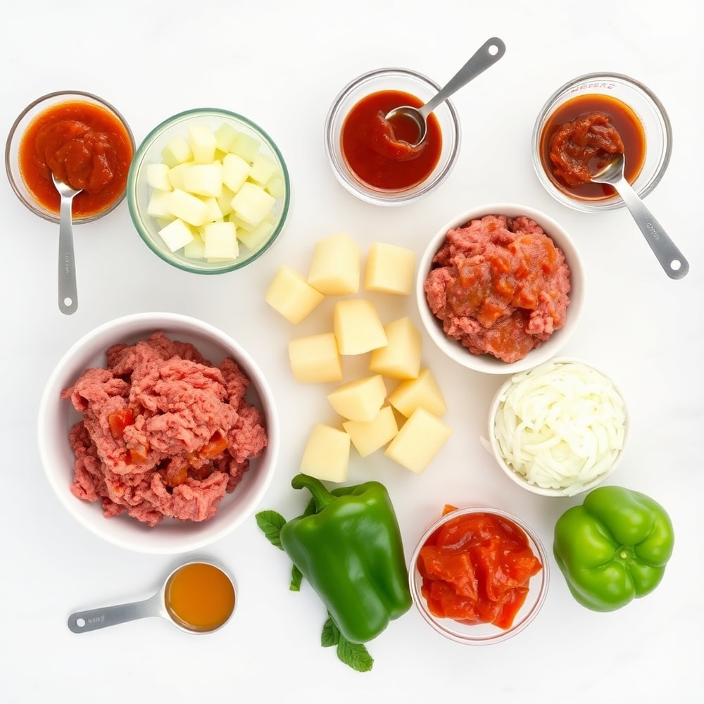 Raw ingredients for Crispy Sloppy Joe Potato Skillet including ground beef, potatoes, onions, and bell peppers
