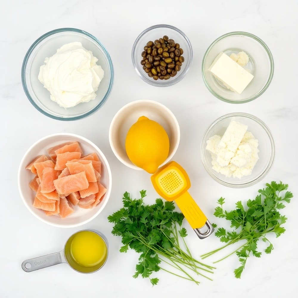 Raw ingredients for Smoked Mackerel Pâté Canapés on a marble surface