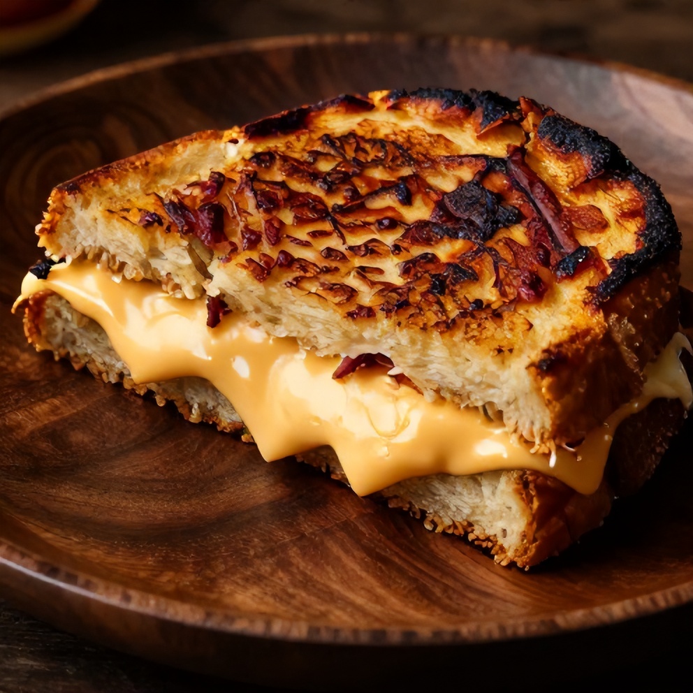 Crispy sourdough bacon grilled cheese with sharp cheddar on a plate