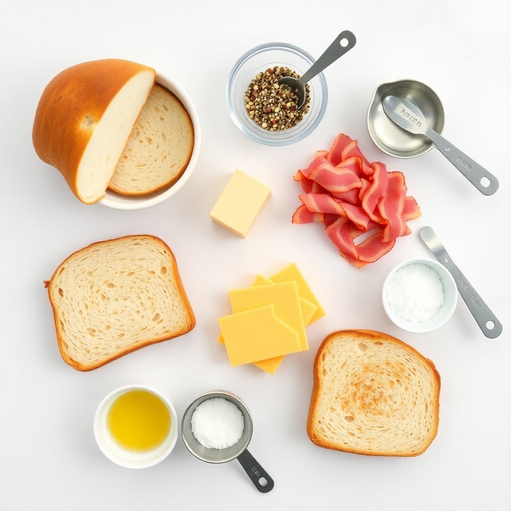 Raw ingredients for crispy sourdough bacon grilled cheese