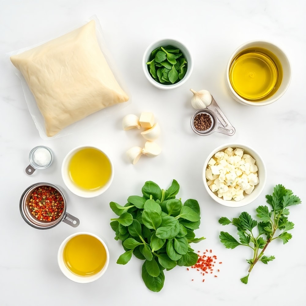 Spinach, feta, puff pastry, and other ingredients for Spinach and Feta Pinwheels