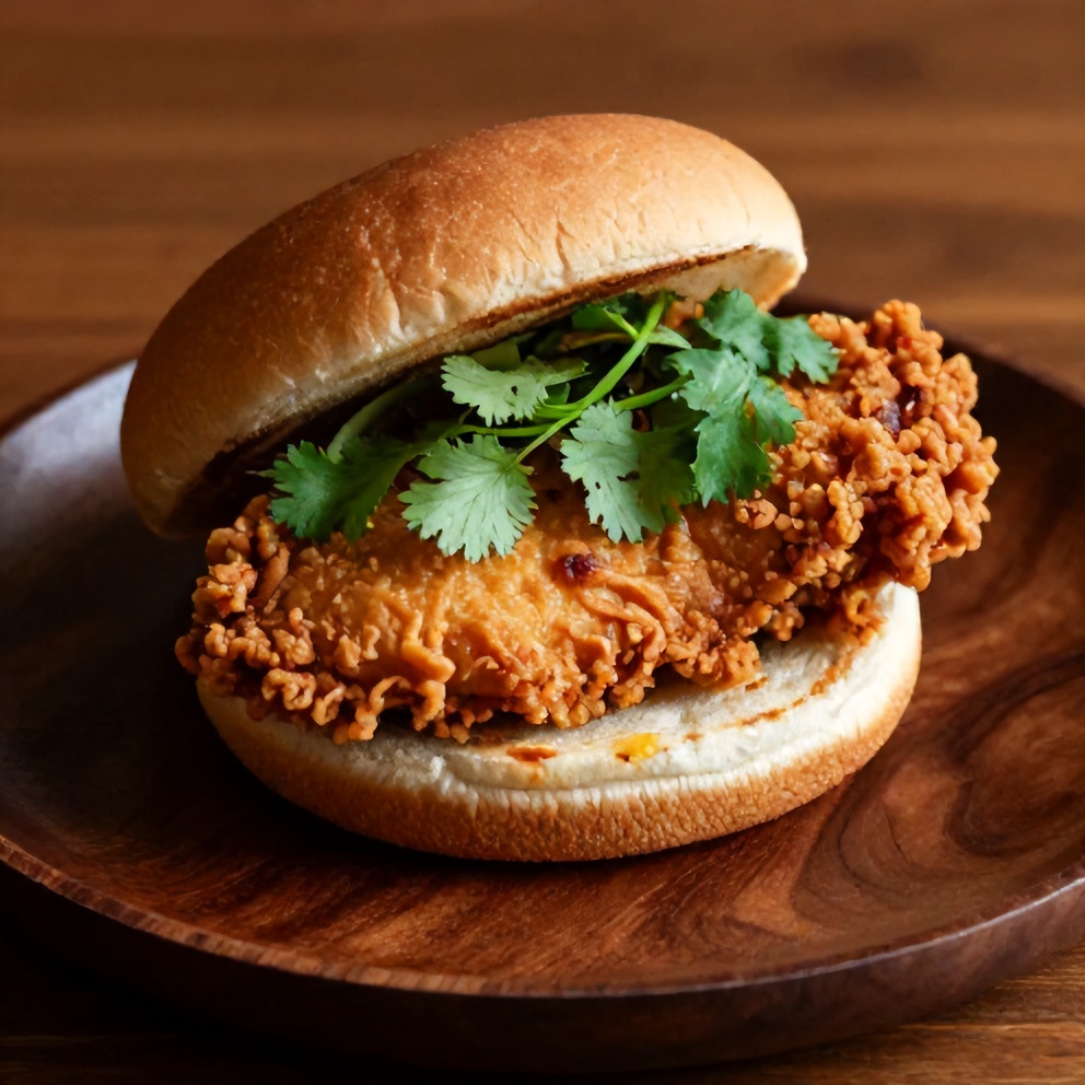 Thai Fried Chicken Sandwich on a plate with garnish