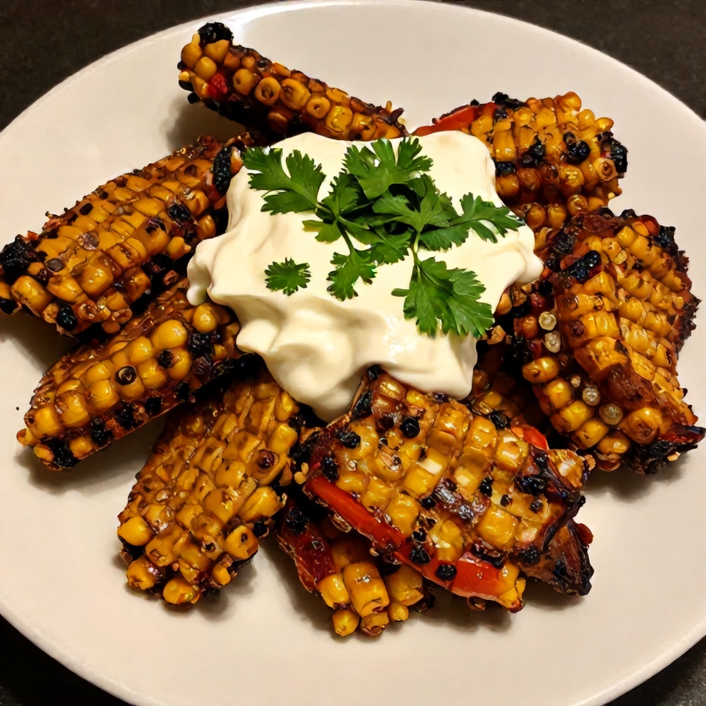Plated vegan corn ribs with Aleppo chili butter and lime zest cream cheese