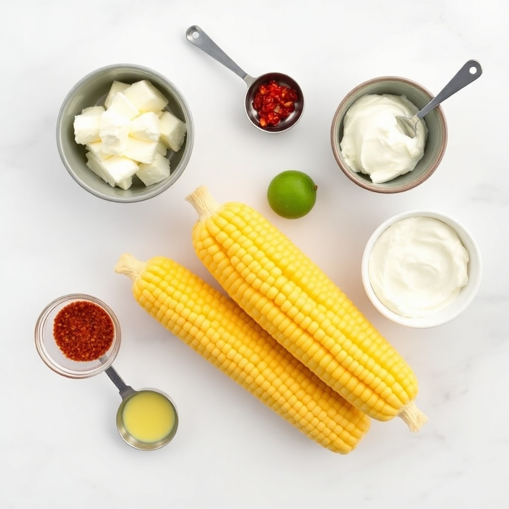 Raw ingredients for vegan corn ribs including corn on the cob, Aleppo chili, lime, and cream cheese
