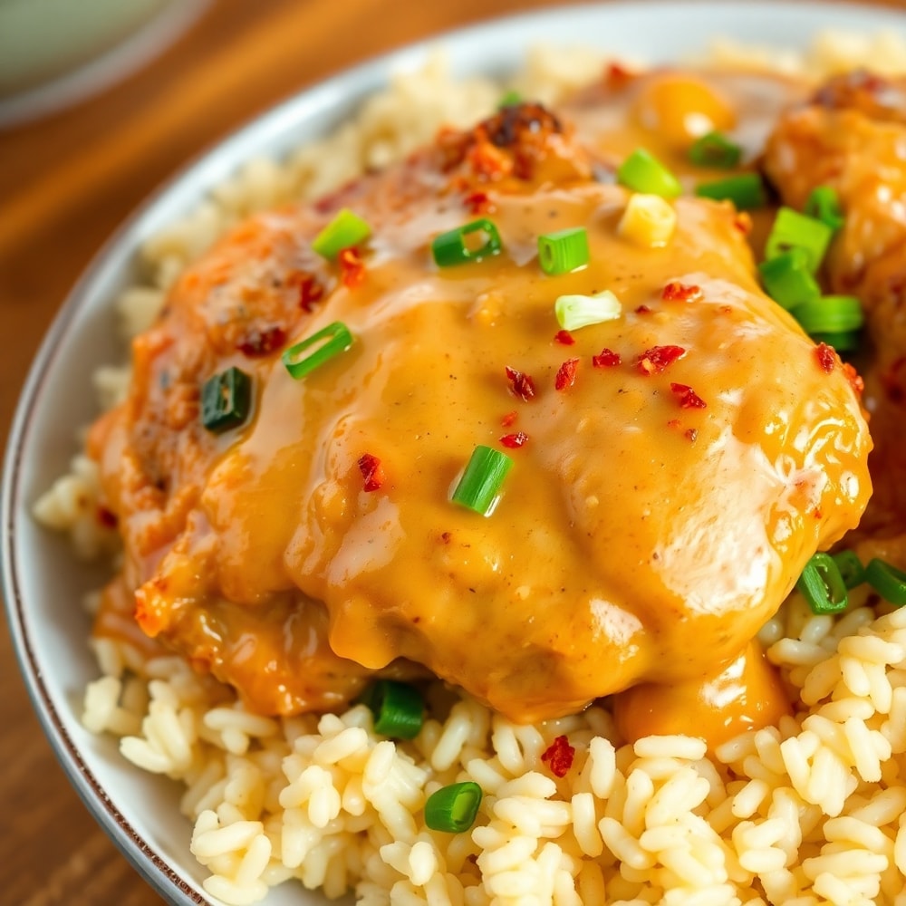 Plated serving of Crockpot Cajun Butter Chicken with steamed rice and green onions