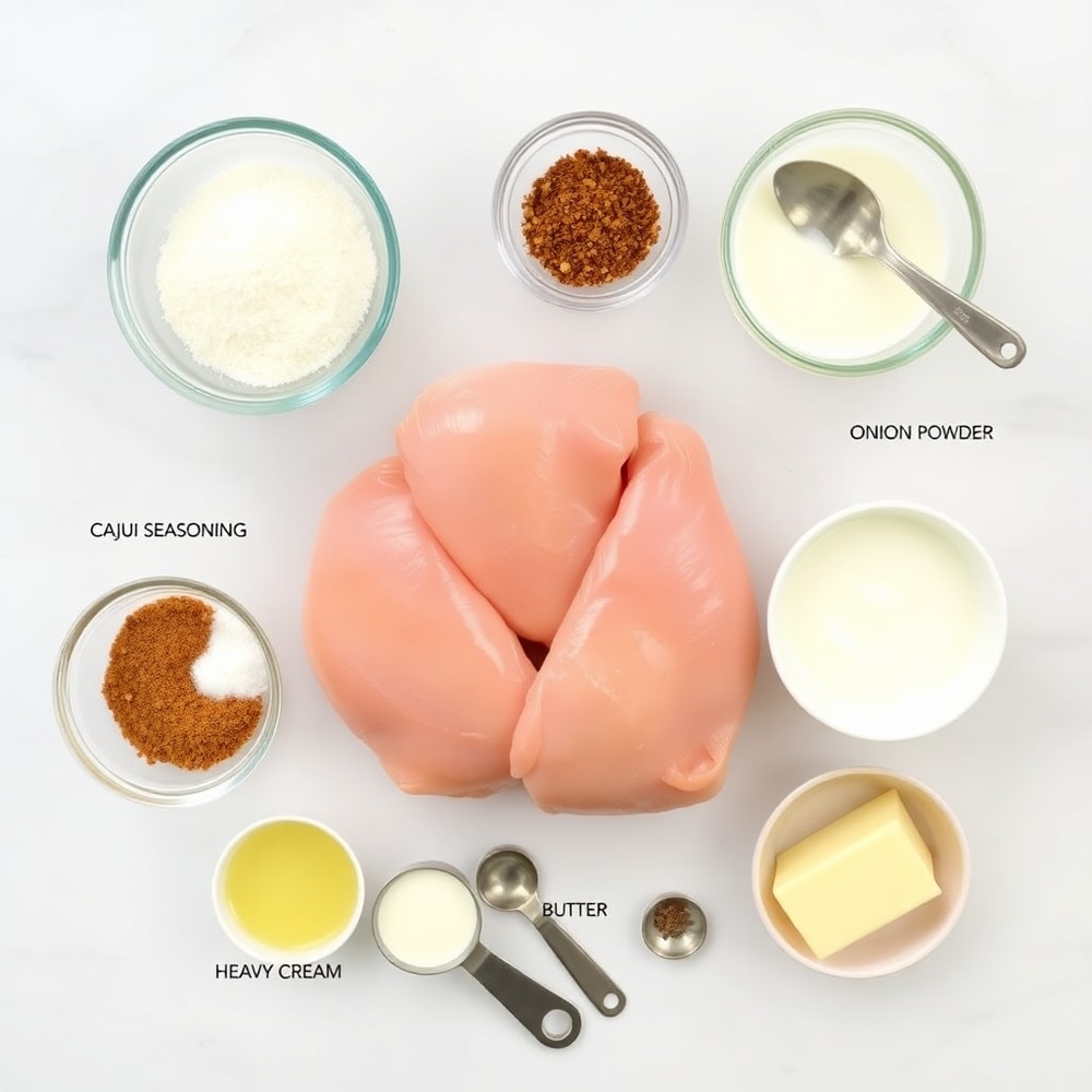 Raw ingredients for Crockpot Cajun Butter Chicken including chicken, Cajun seasoning, and heavy cream