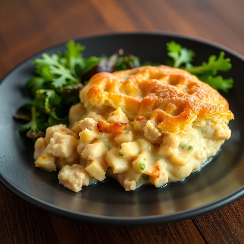 Plated serving of Crockpot Chicken Pot Pie with a side of mixed greens