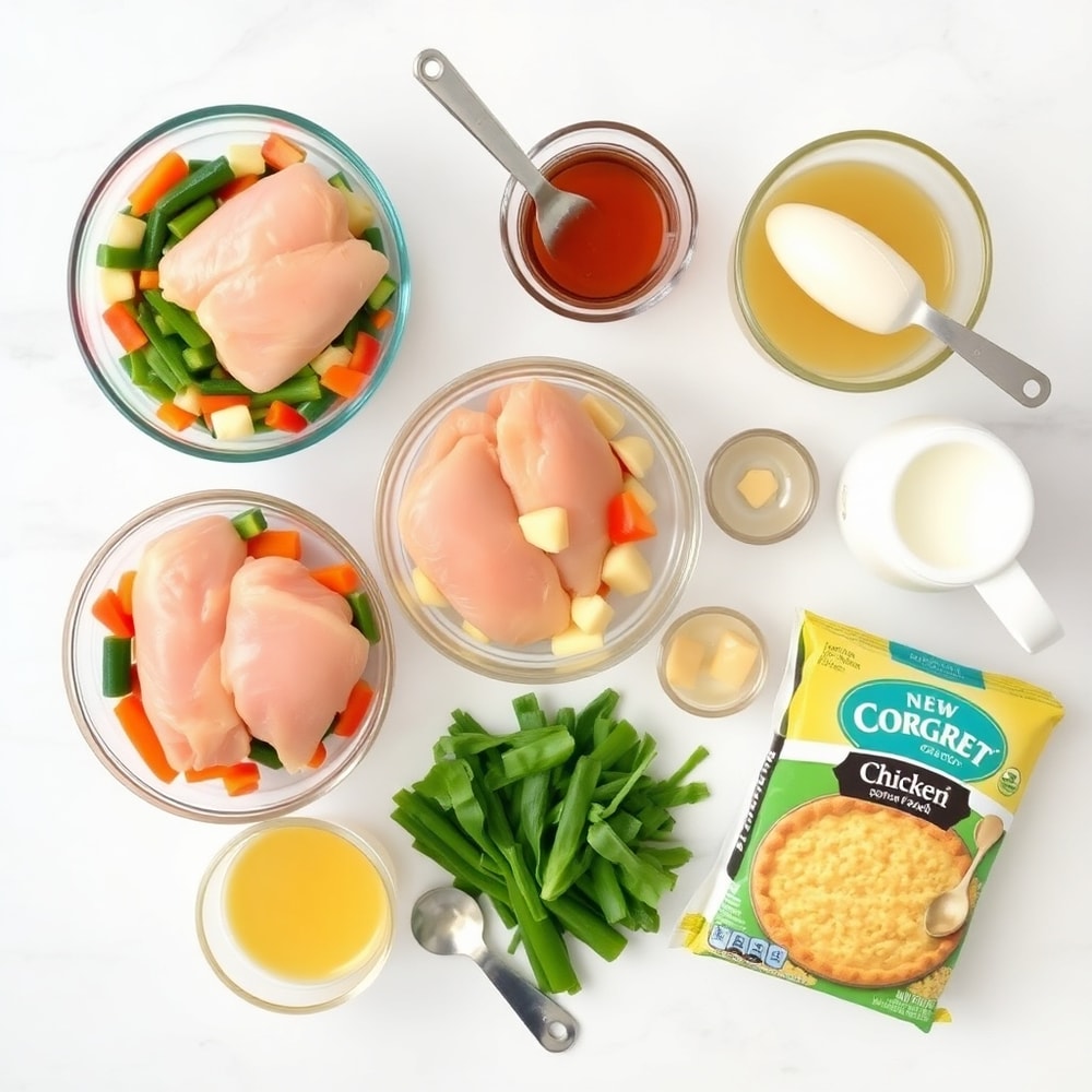 Raw ingredients for Crockpot Chicken Pot Pie including chicken, vegetables, and cream of chicken soup