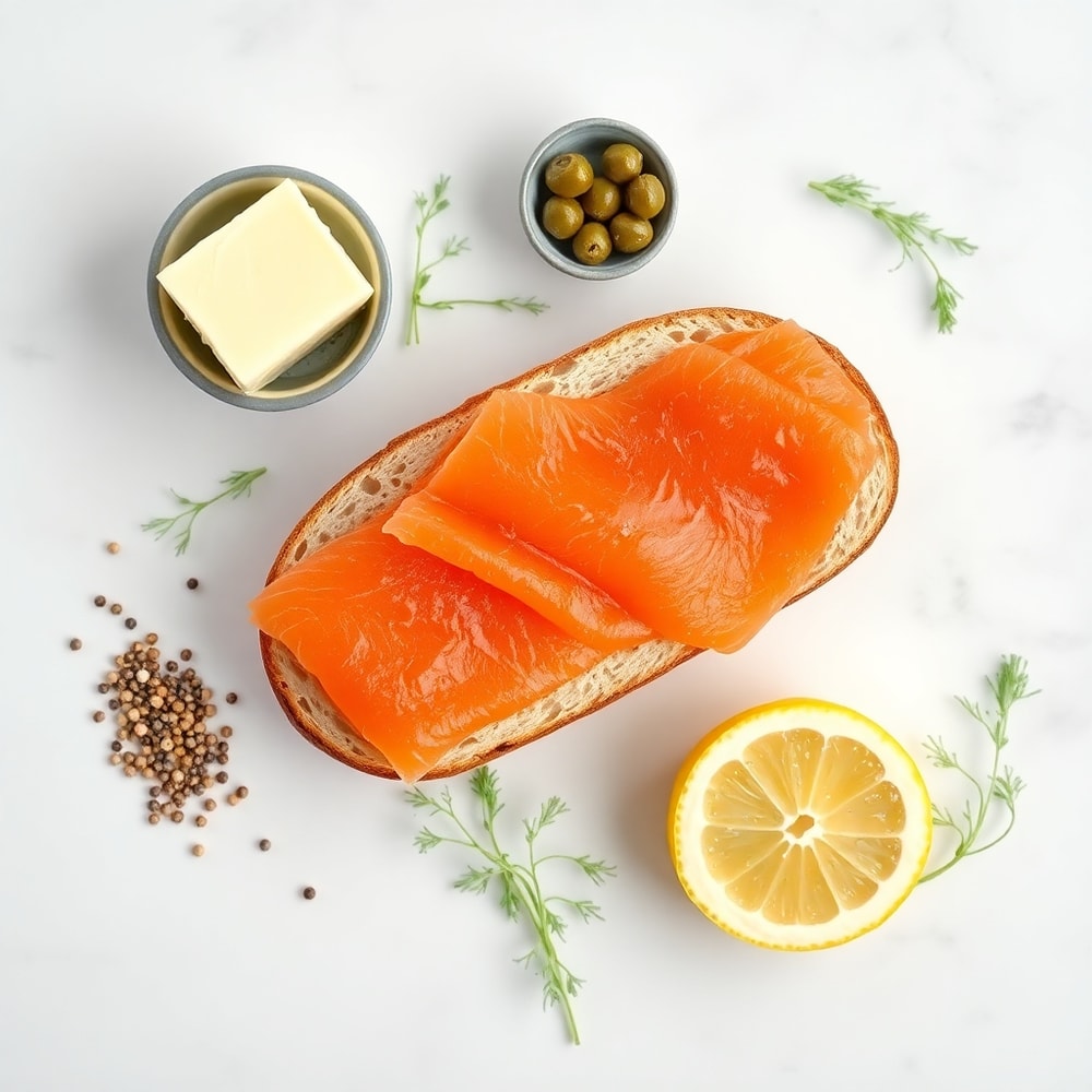 Rye bread, butter, smoked salmon, and other ingredients for Smorrebrod