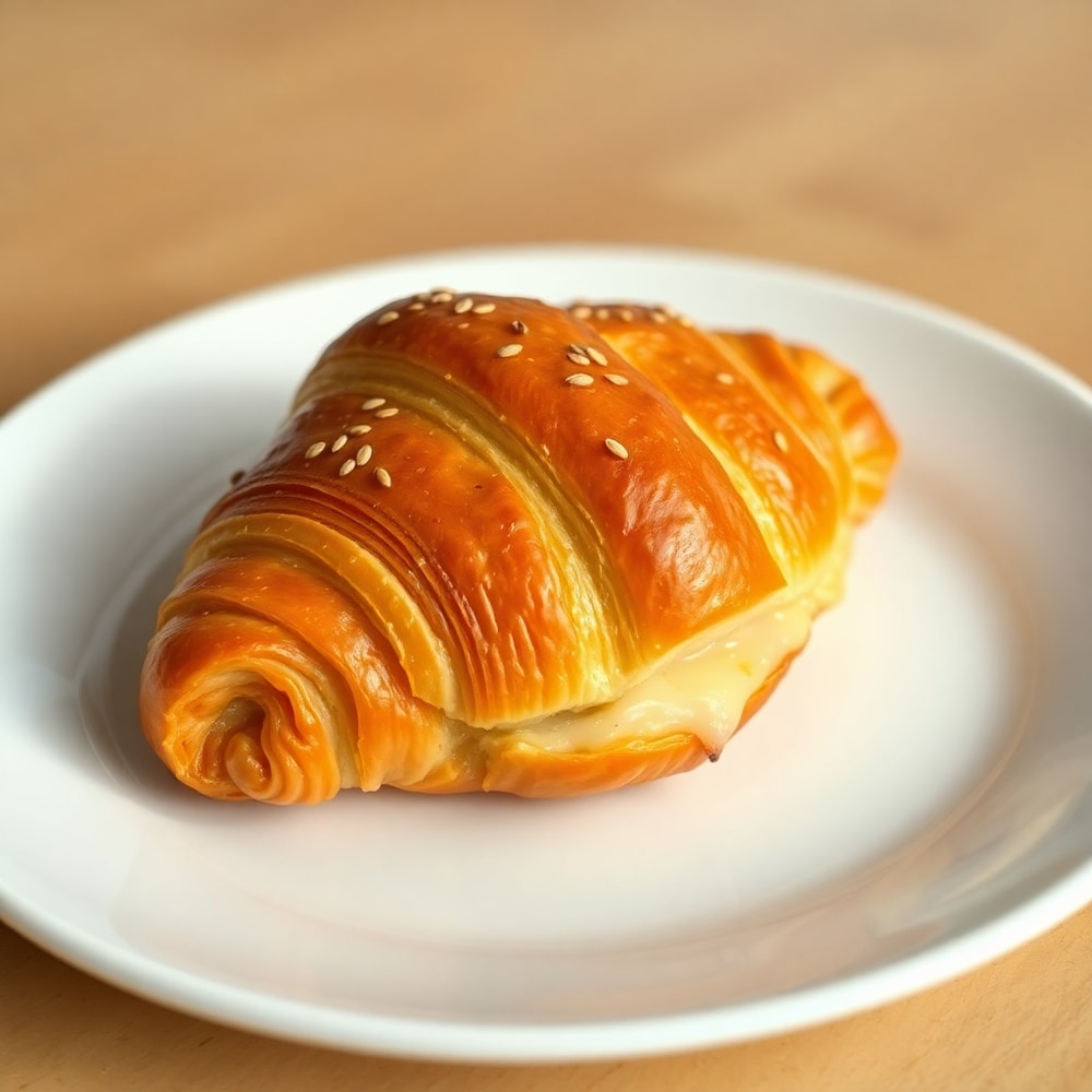 Plated ham and cheese croissants with a side of fresh fruit
