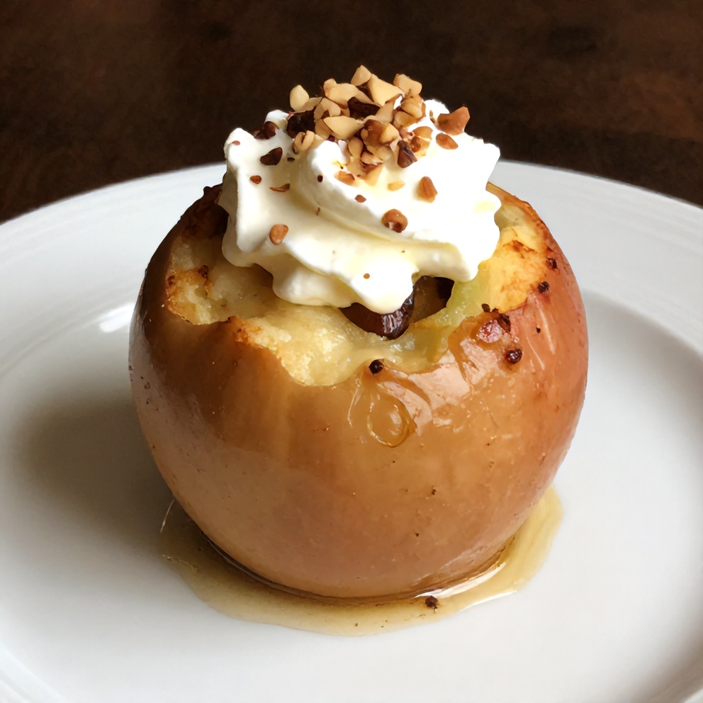Plated Baked Stuffed Apple with Whipped Cream