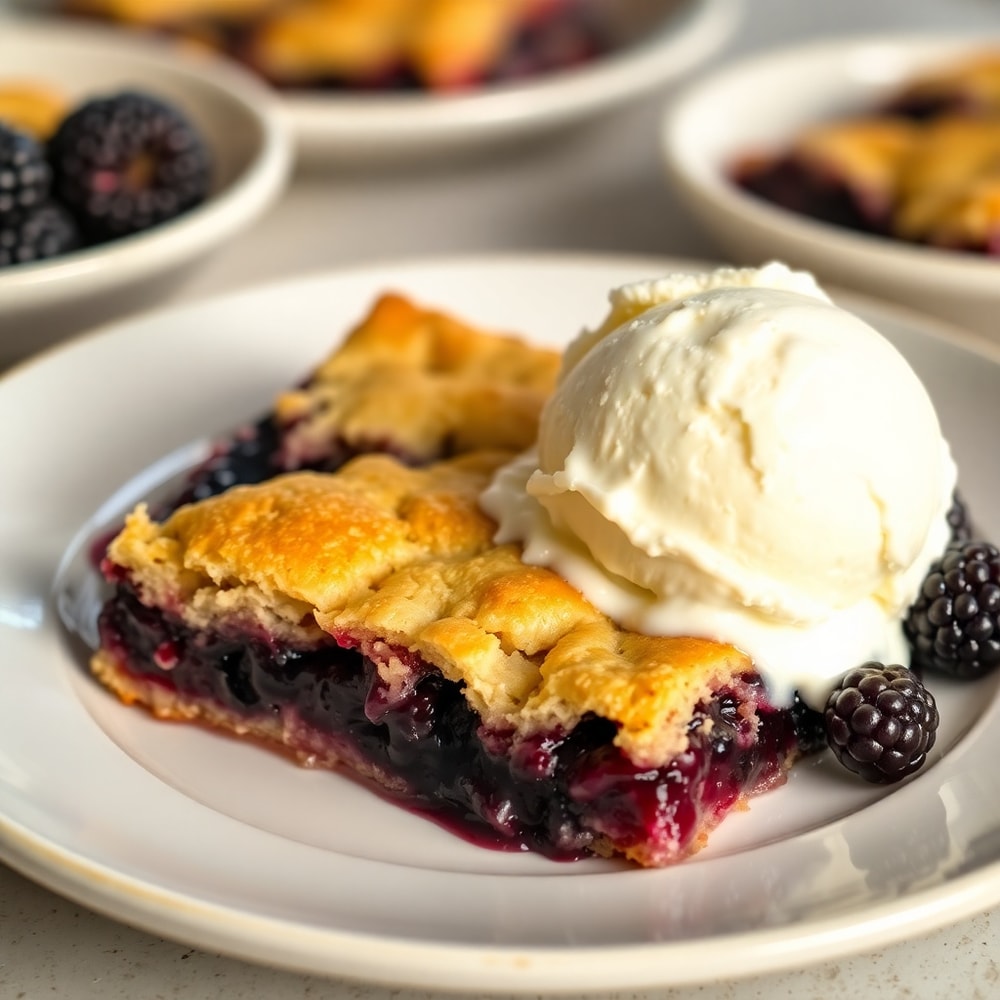 Blackberry cobbler bars with a scoop of vanilla ice cream