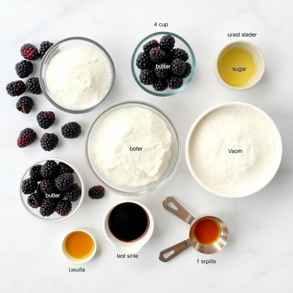 Blackberries, flour, sugar, butter, and vanilla extract arranged on a white marble surface