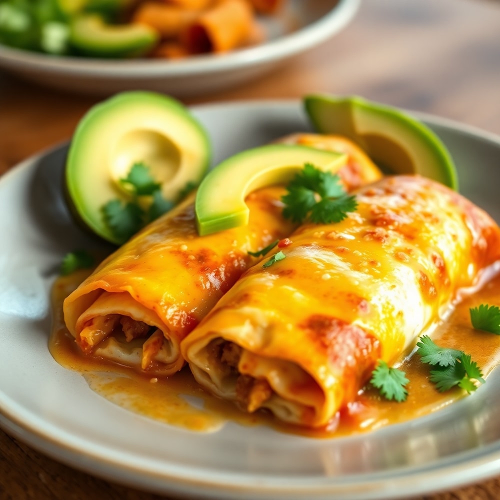 Plated Breakfast Enchiladas with avocado slices and fresh cilantro