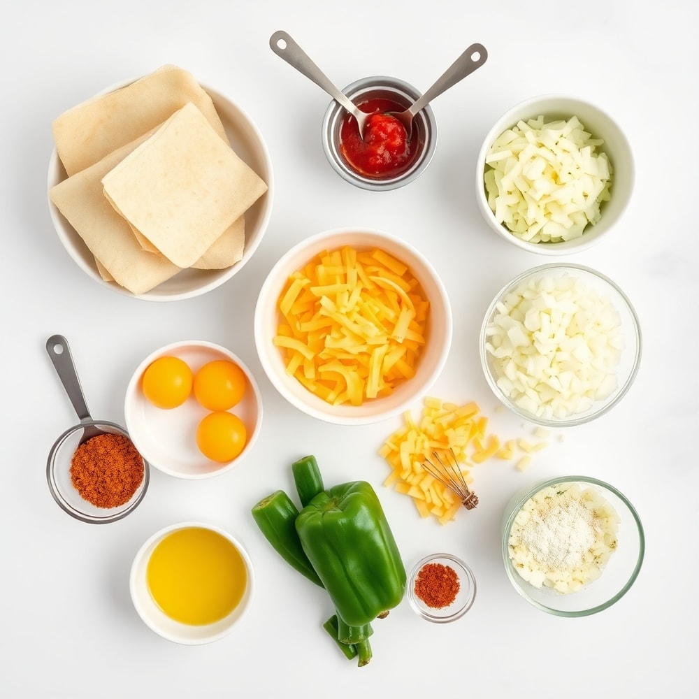 Breakfast Enchiladas ingredients: tortillas, eggs, cheese, bell peppers, onions, and spices