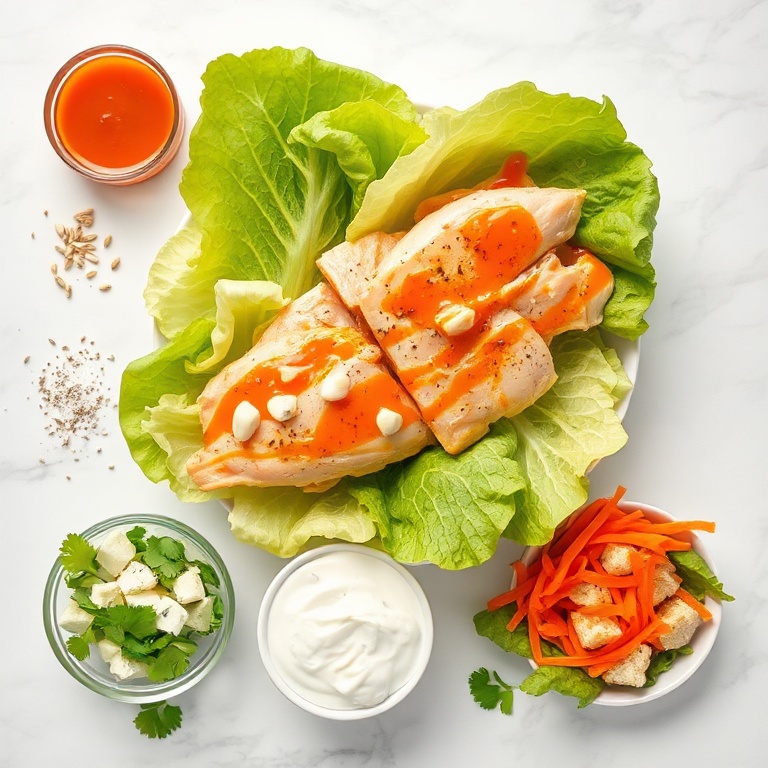 Buffalo Chicken Salad ingredients with lettuce, chicken, and buffalo dressing