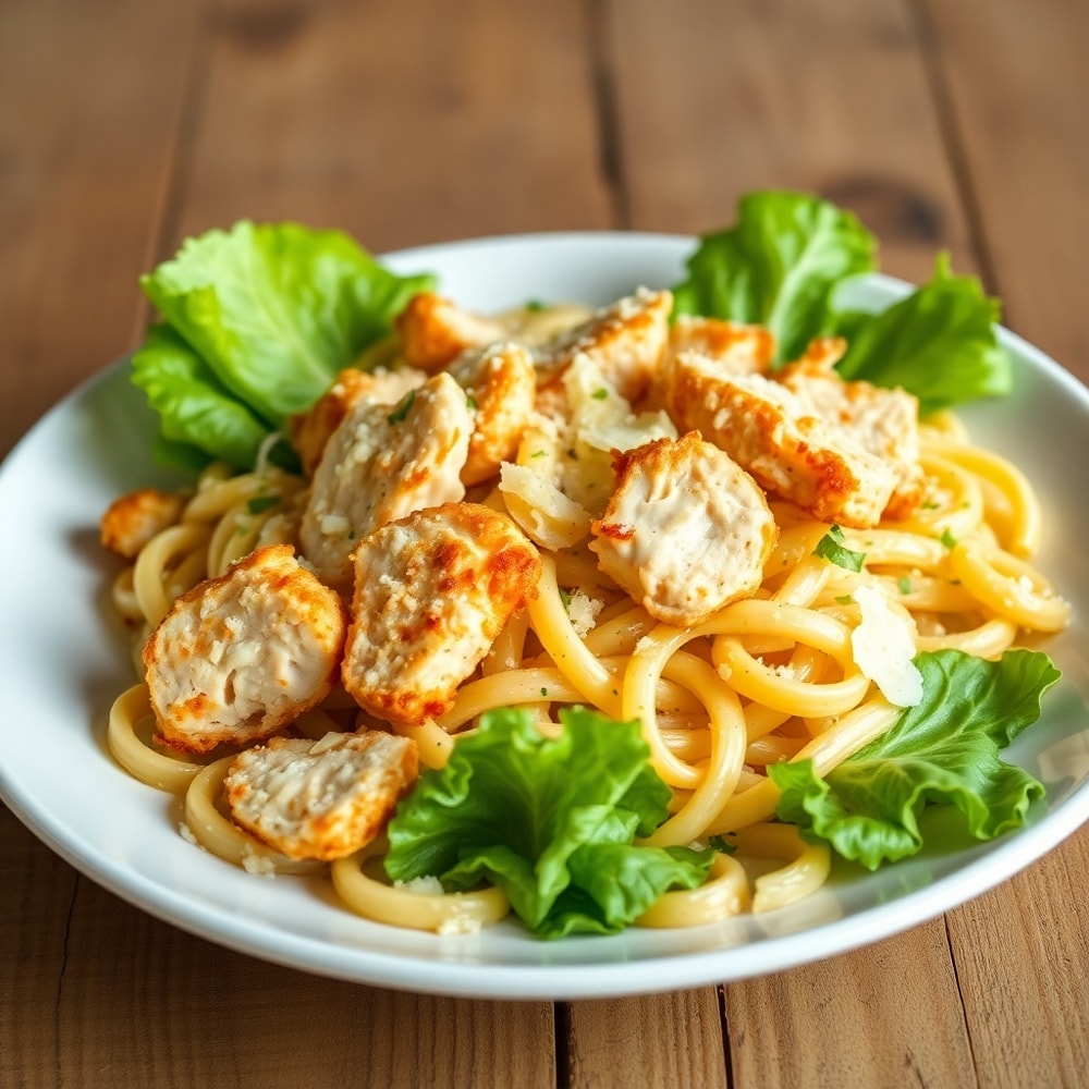 Plated Chicken Caesar Pasta Salad with crispy chicken, romaine lettuce, and parmesan cheese
