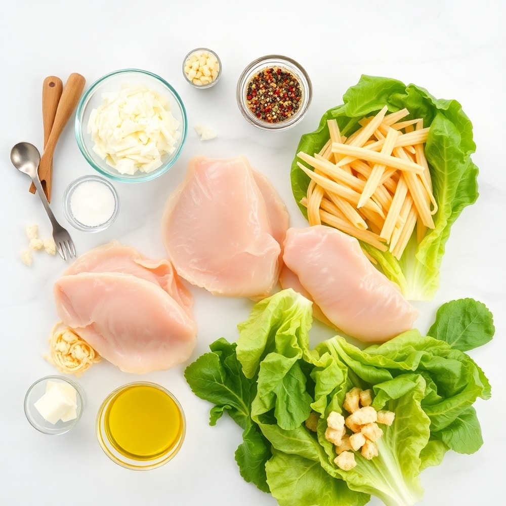 Raw ingredients for Chicken Caesar Pasta Salad including chicken breasts, pasta, romaine lettuce, and parmesan cheese