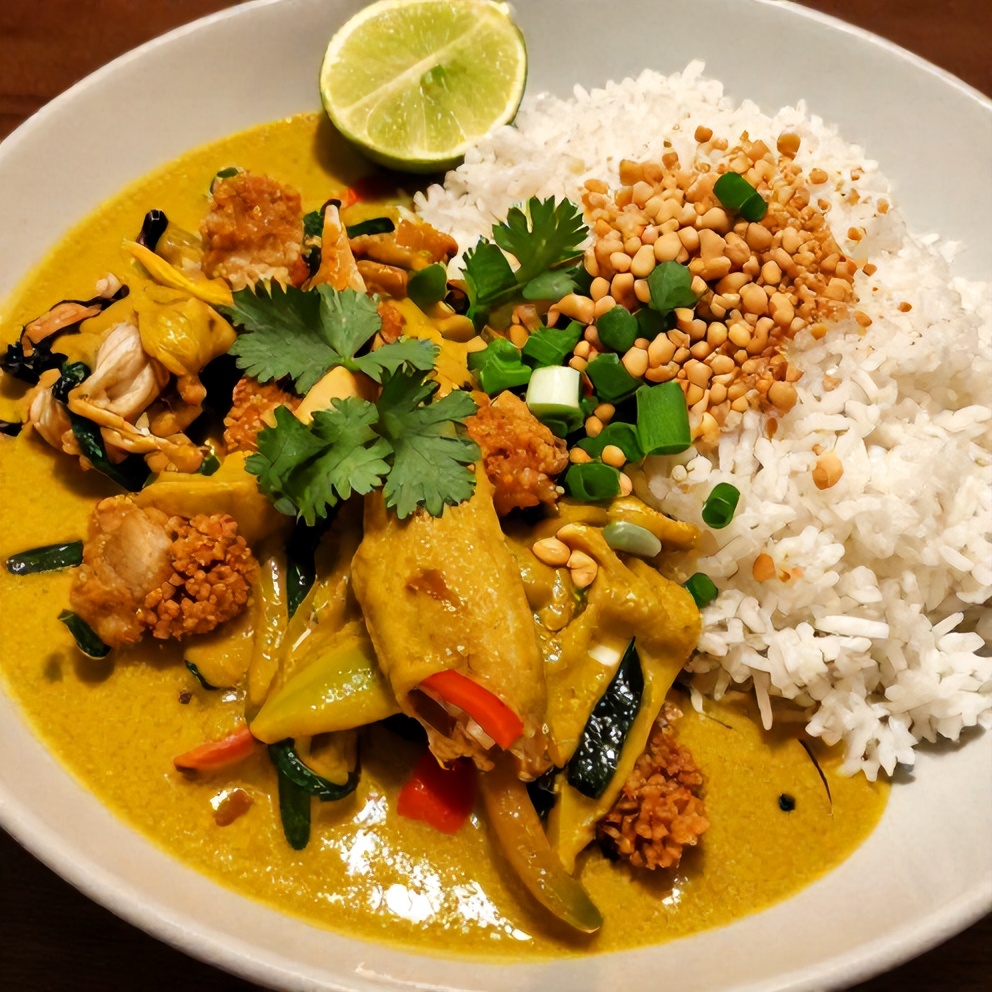 Plated Chicken Panang Curry with a side of steamed rice
