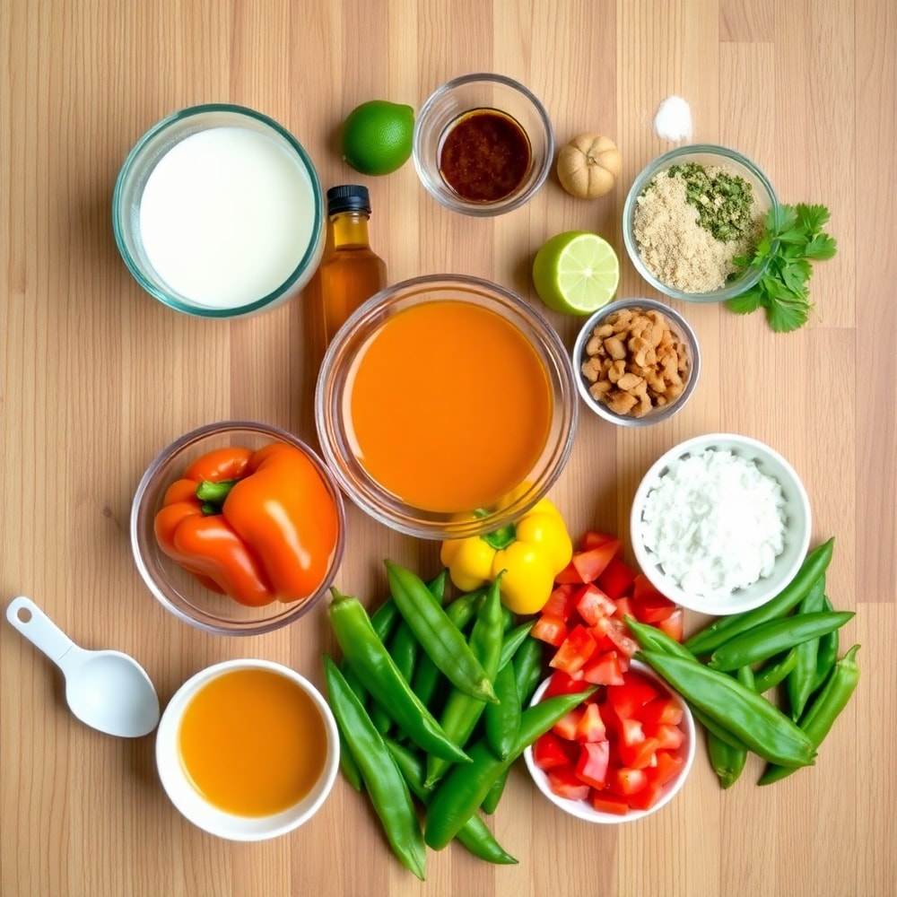 Raw ingredients for Chicken Panang Curry laid out on a wooden surface