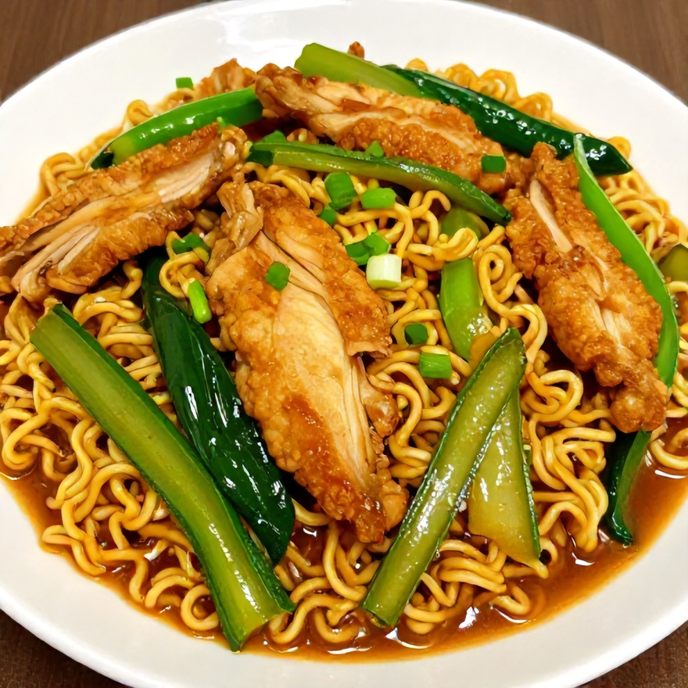 Plated serving of chicken ramen stir fry with fresh veggies, garnished with green onions