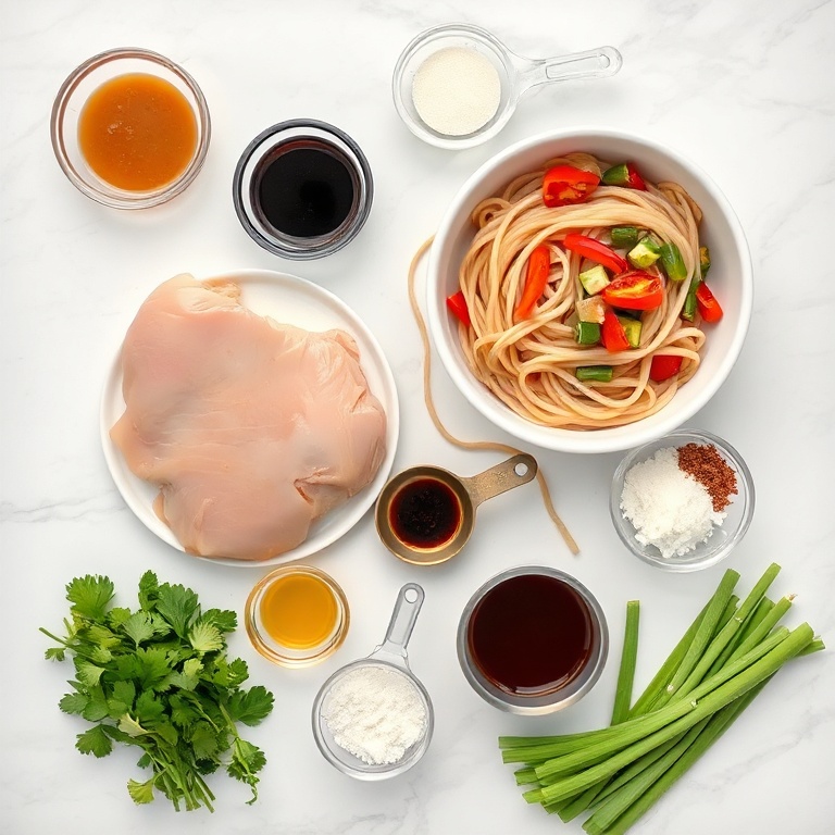Raw ingredients for chicken ramen stir fry: chicken, ramen noodles, mixed veggies, soy sauce, garlic, ginger, etc.