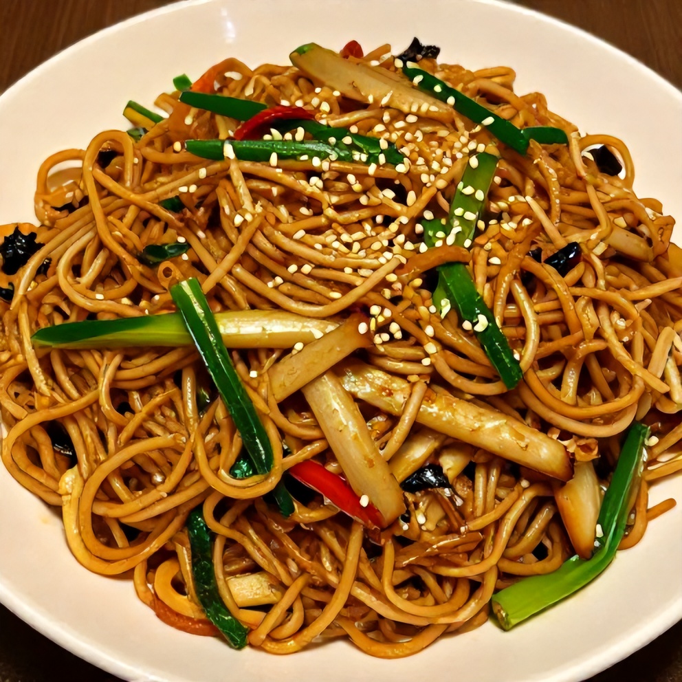 Plated serving of Easy Chinese Chow Mein with green onions and sesame seeds