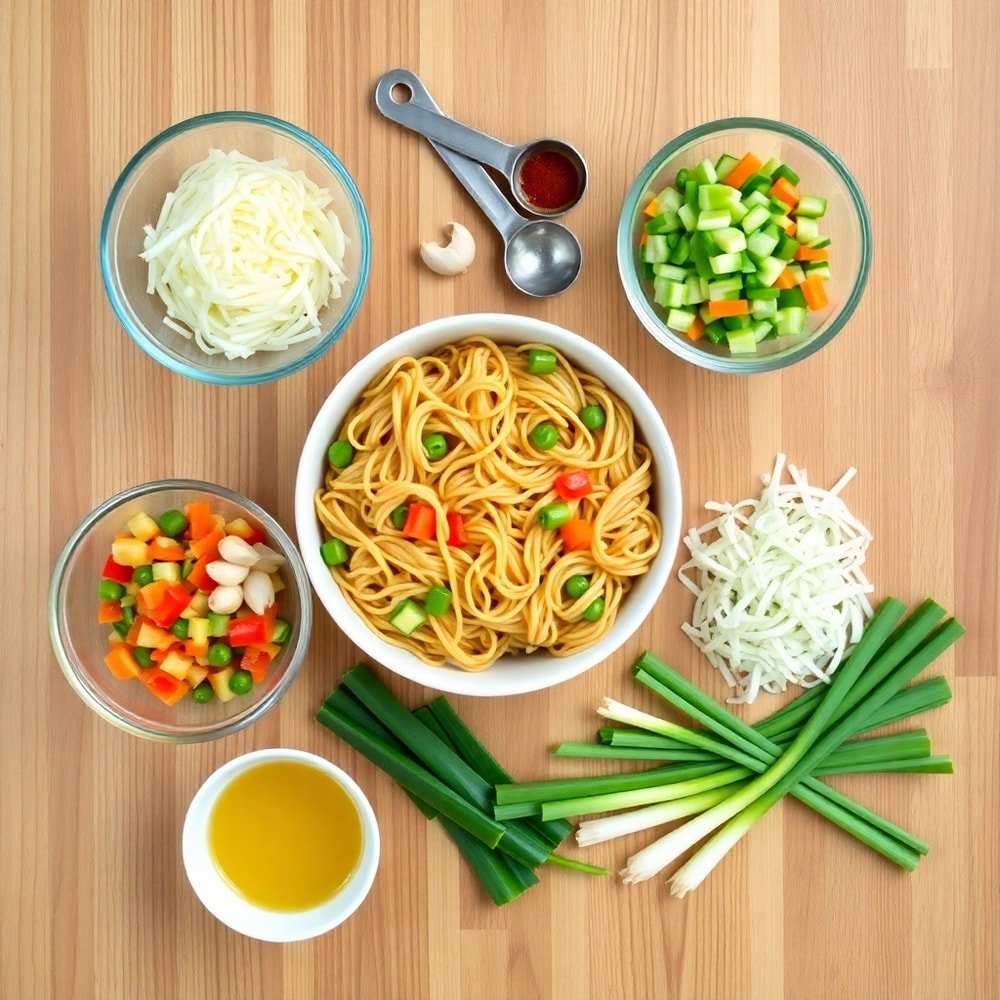 Raw ingredients for Easy Chinese Chow Mein laid out on a wooden surface