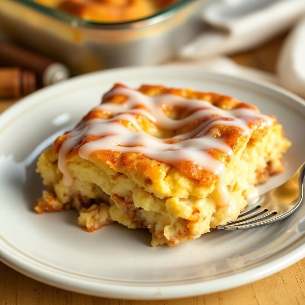 Easy Cinnamon Roll Casserole final - Golden, gooey cinnamon roll casserole served with a drizzle of icing