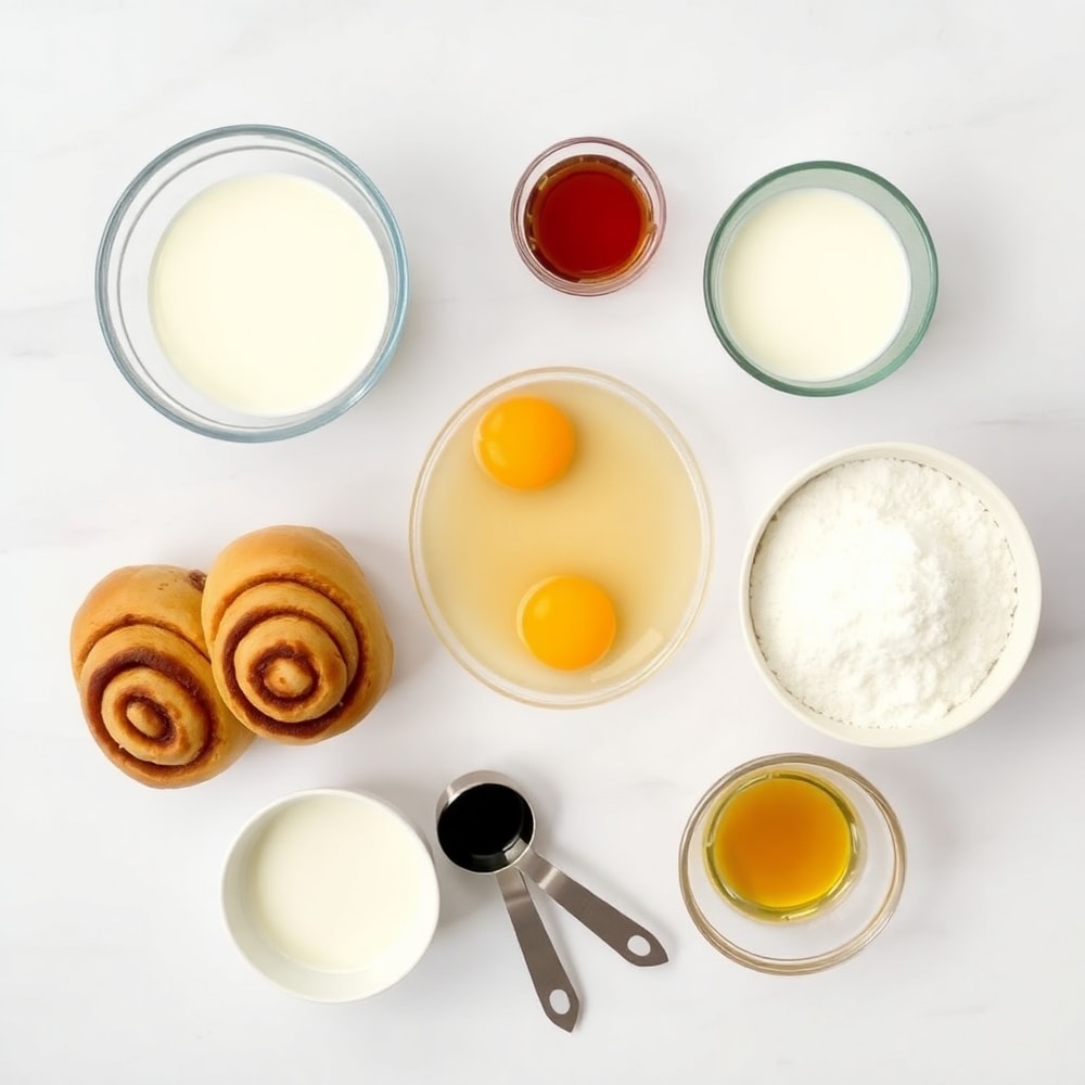 Easy Cinnamon Roll Casserole ingredients - Cinnamon rolls, eggs, milk, sugar, and vanilla extract arranged in a flat lay