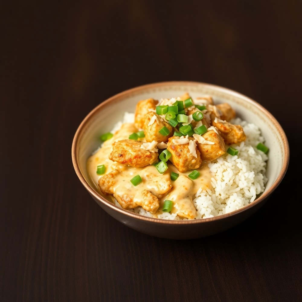 Plated Coconut Chicken Rice Bowl